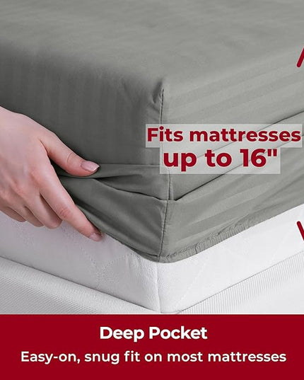 Mellanni Twin XL Sheets Set - 3 PC Iconic Collection Bedding Sheets & Pillowcases - Hotel Luxury, Extra Soft, Cooling Bed Sheets - Deep Pocket up to 16 inch (Twin Extra Long, Striped Gray/Silver) - LeafyLoom