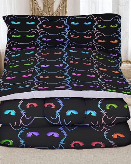 Sunnycitron Cartoon Cat Bedding Cute Cat Comforter Twin Black Cat Comforter set Gradient Line Cat Quilt 3D Neon Cat Bed set Black Cat Bedding set for Teens Kids Boys Girls Adults - LeafyLoom