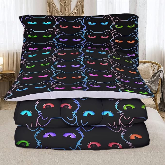 Sunnycitron Cartoon Cat Bedding Cute Cat Comforter Twin Black Cat Comforter set Gradient Line Cat Quilt 3D Neon Cat Bed set Black Cat Bedding set for Teens Kids Boys Girls Adults - LeafyLoom