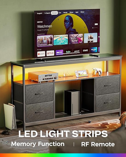 TV Stand Dresser with Power Outlets and LED Lights, 4 Drawers Entertainment Center with Shelf, 54 Inch Media Console for 55 60 Inch TV, 4 AC Outlets, 2 USBs, Dresser with PU Finish, Black - LeafyLoom