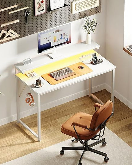 AODK Small Desk, 40 Inch Gaming Desk with LED Lights and Power Outlet, Computer Desk with Adjustable Monitor Shelf (3 Heights), Home Office Table Study Desk Compact Desk for Small Space, White - LeafyLoom