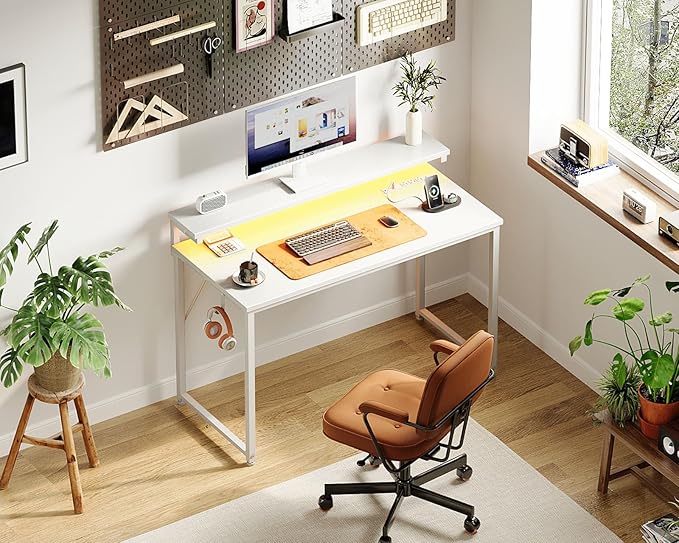 AODK Small Desk, 40 Inch Gaming Desk with LED Lights and Power Outlet, Computer Desk with Adjustable Monitor Shelf (3 Heights), Home Office Table Study Desk Compact Desk for Small Space, White - LeafyLoom