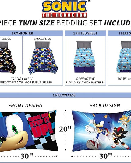Sonic the Hedgehog Anime Kids Super Soft Comforter and Sheet Set, 4 Piece Twin Size by Franco, Prints may vary - LeafyLoom
