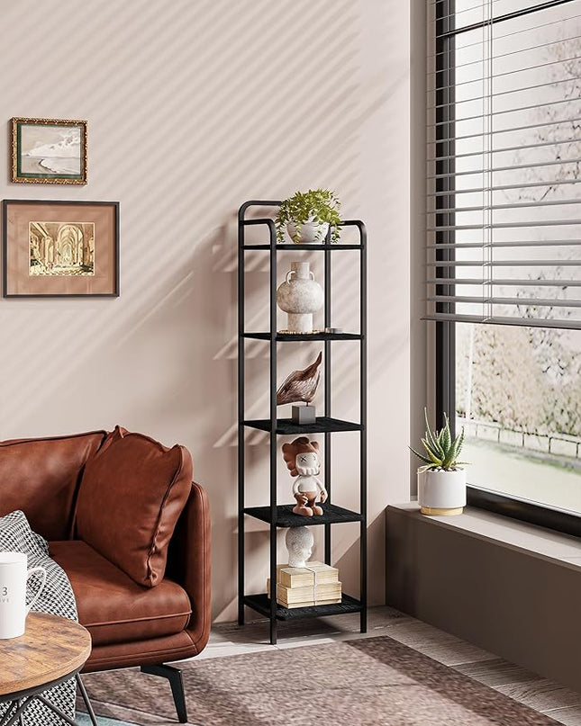 Bookcase Bookshelf, Narrow Book Shelf, Industrial Coner Shelf Storage Organizer, Slim Shelving Unit for Home Office, Living Room, Bedroom, Kitchen, 5-Tier Black BC24504B - LeafyLoom