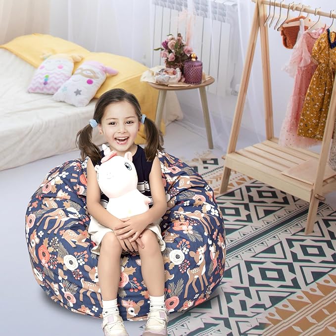 Stuffed Animal Storage Bean Bag Chair Cover, Hold Kids Plush Toys Blankets Towels Beanbag (Cover Only), Canvas Floor Circle Stuff Sit Seat Sofa with YKK Zipper, Large 32", Fawn - LeafyLoom