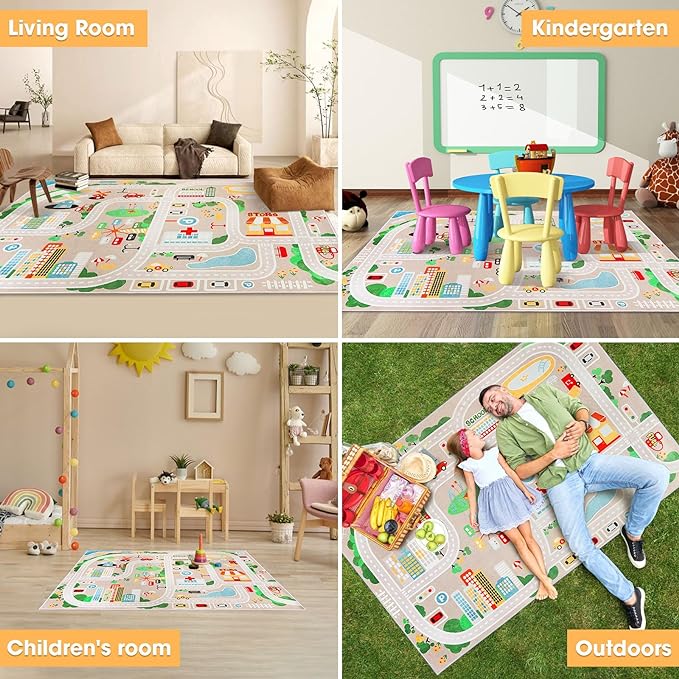 Kid Rug Carpet Playmat for Toy Cars and Train，Play Area Rug with Rubber Backing，Fun Throw Rug，Ideal Gift for Children Baby Bedroom Play Room(100×160cm/39×63in) - LeafyLoom