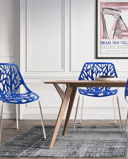 CangLong Modern Mid Century Plastic Shell Hollow Out Chair with Matal Legs for Living, Bedroom, Kitchen, Dining, Waiting Room,Set of 4, Blue - LeafyLoom