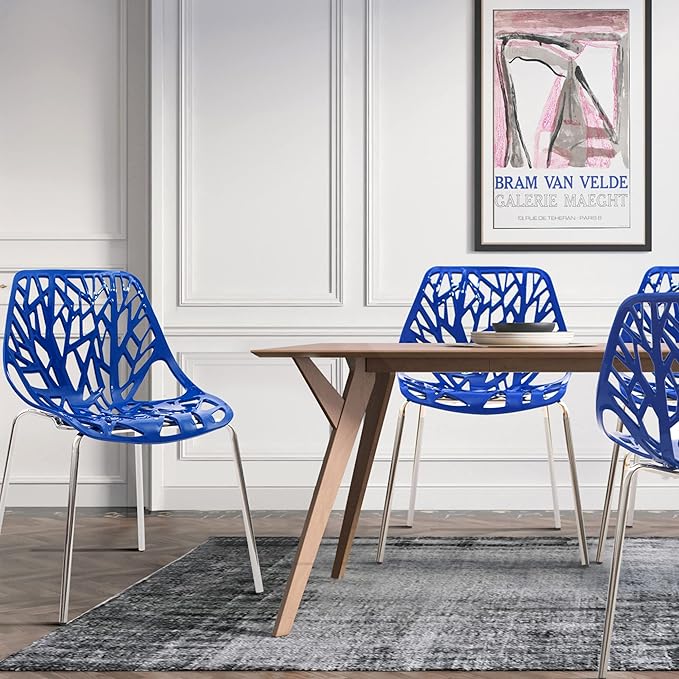 CangLong Modern Mid Century Plastic Shell Hollow Out Chair with Matal Legs for Living, Bedroom, Kitchen, Dining, Waiting Room,Set of 4, Blue - LeafyLoom