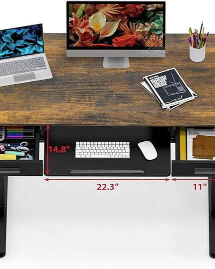 SHW 48-Inch Electric Height Adjustable Desk with Keyboard Tray and Two Drawers, Rustic Brown - LeafyLoom