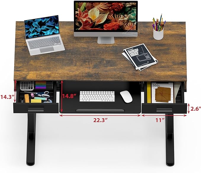 SHW 48-Inch Electric Height Adjustable Desk with Keyboard Tray and Two Drawers, Rustic Brown - LeafyLoom