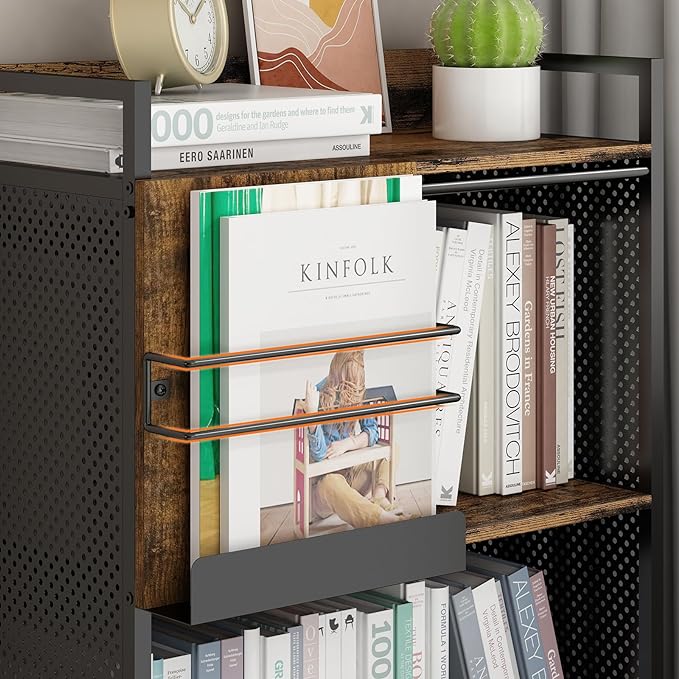 4 Tier Large Bookshelf with Storage Cabinet, Metal Industrial Bookcase Storage Organizer with Sliding Door, Open Standing Shelf Unit for Bedroom, Living Room, Home Office, Rustic Brown - LeafyLoom