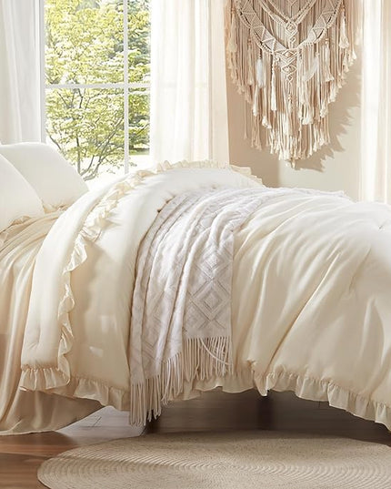Anluoer King Comforter Set 7 Piece, Beige Bed in a Bag with Sheets, All Season Ruffle Shabby Chic Bedding Sets with 1 Comforter, 2 Pillow Shams, 2 Pillowcases, 1 Flat Sheet, 1 Fitted Sheet - LeafyLoom