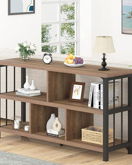 IBF 5 Cube Storage Organizer, Industrial Low Horizontal Bookshelf, Modern Wide Wood and Metal Bookcase with Book Storage, Short Open Cubby Book Shelf for Office Bedroom Living Room, Rustic Oak, 47 in - LeafyLoom