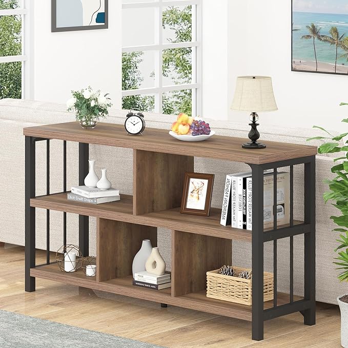 IBF 5 Cube Storage Organizer, Industrial Low Horizontal Bookshelf, Modern Wide Wood and Metal Bookcase with Book Storage, Short Open Cubby Book Shelf for Office Bedroom Living Room, Rustic Oak, 47 in - LeafyLoom
