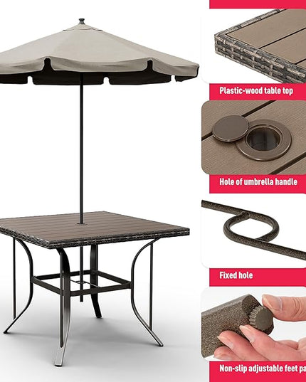 Pamapic Patio Table and Chairs Set, All-Weather Rattan Outdoor Table and Chairs with Removable Waterproof Cushions, Plastic-Wood Patio Dining Set for 4 with Umbrella Hole(Gray) - LeafyLoom