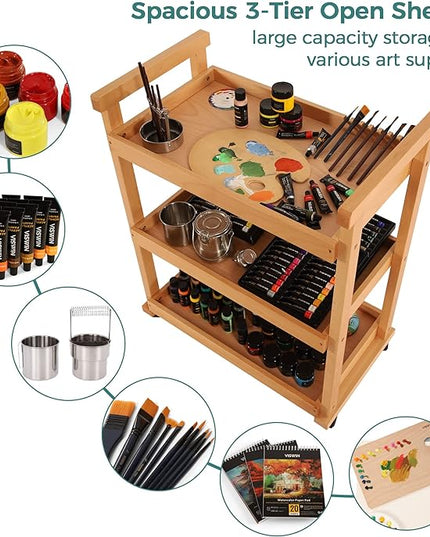 VISWIN 37" H Art Cart Storage Organizer 3-Tier, Solid Beech Wood Rolling Utility Cart with Caster Wheels, Multifunctional Art Supplies Craft Cart Organizer, Trolley for Studio, Classroom, Kitchen - LeafyLoom