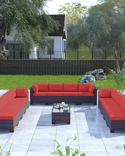 Kullavik 14PCS Outdoor Patio Furniture Set PE Wicker Rattan Sectional Sofa Patio Conversation Sets,Red - LeafyLoom