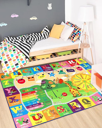 Chicrug Educational Kid Area Rug for Playroom, 5x7 Feet TPR Non Slip Kids Classroom Carpet Rug for Learning ABC Animal, Shape Color Fruit, Washable Play Mat Rug for Children Nursery Toddler Room Decor - LeafyLoom