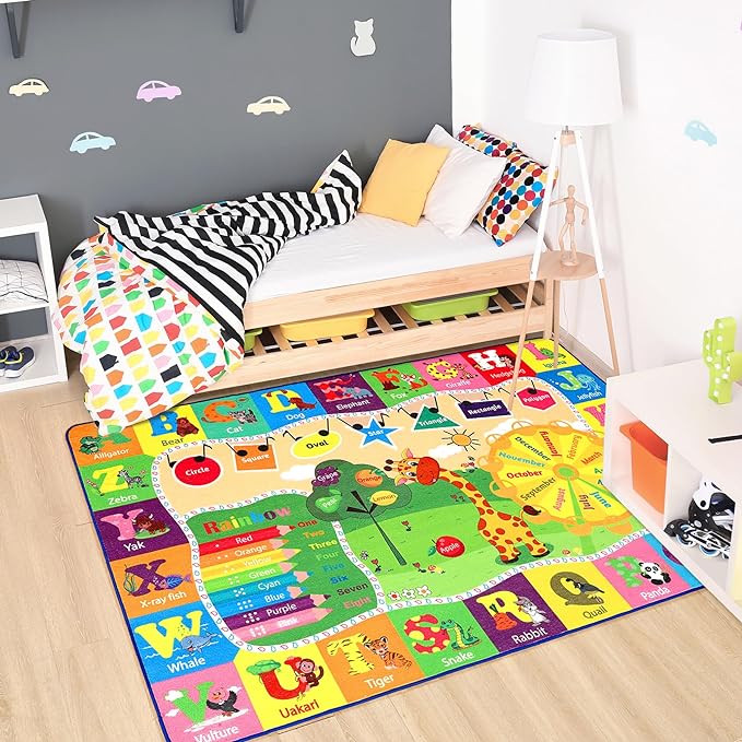 Chicrug Educational Kid Area Rug for Playroom, 5x7 Feet TPR Non Slip Kids Classroom Carpet Rug for Learning ABC Animal, Shape Color Fruit, Washable Play Mat Rug for Children Nursery Toddler Room Decor - LeafyLoom