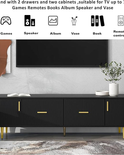 67 Inch TV Stand, Modern Television Stands with 2 Drawers and 2 Cabinets, Stylish Entertainment Center with 5 Champagne Legs for Living Room and Bedroom, Black - LeafyLoom