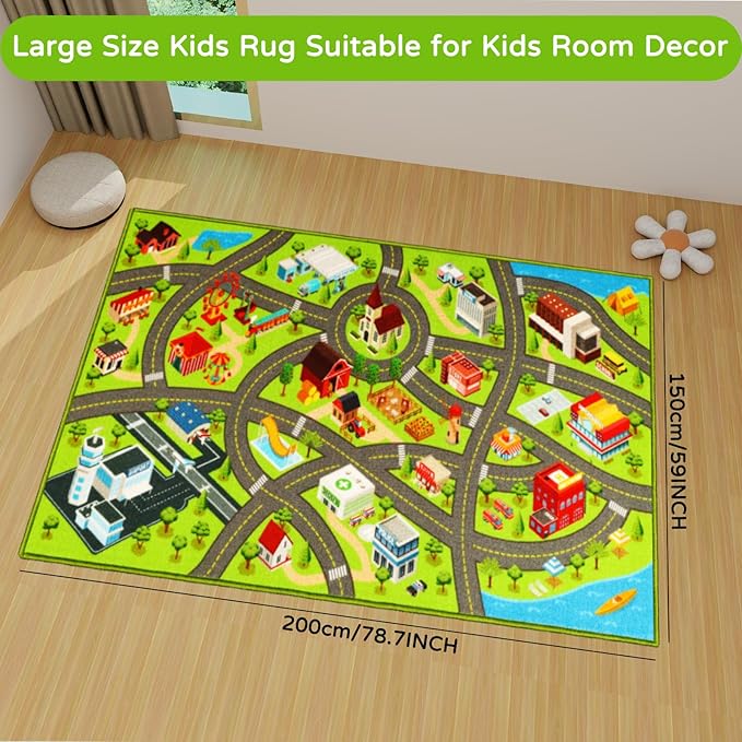 Kids Rugs Traffic Road Carpet for Car City Map Play Rug 5'×6.7' for Playroom Educational Mat Area Rug, Kid Playtime Collection Toddler Car Track Rug Cute Cartoon (City Road A, 59×78.7 in) - LeafyLoom