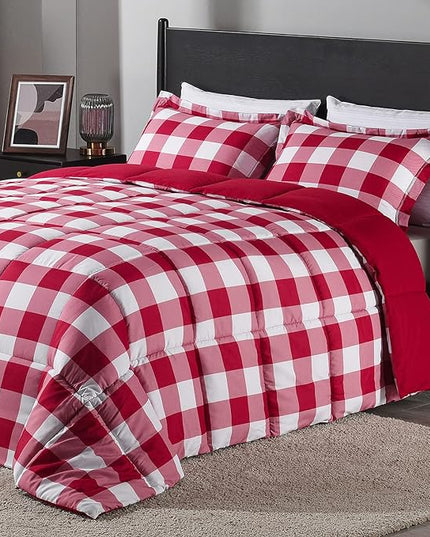 downluxe Lightweight Plaid Comforter Set (Queen) with 2 Pillow Shams - 3-Piece Set - Red/White Plaid - Down Alternative Reversible Comforter - LeafyLoom