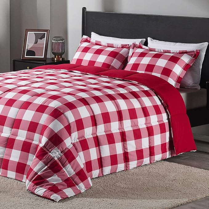 downluxe Lightweight Plaid Comforter Set (Queen) with 2 Pillow Shams - 3-Piece Set - Red/White Plaid - Down Alternative Reversible Comforter - LeafyLoom
