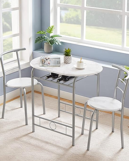 VECELO 3 Piece Small Round Dining Table Set for Kitchen Breakfast Nook, Wood Grain Tabletop with Wine Storage Rack, Save Space, 31.5", White & Silver - LeafyLoom