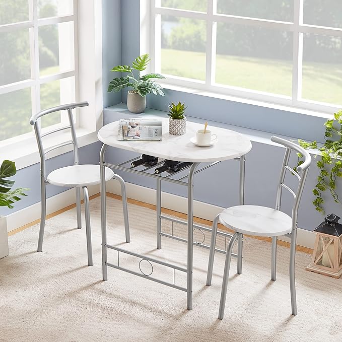 VECELO 3 Piece Small Round Dining Table Set for Kitchen Breakfast Nook, Wood Grain Tabletop with Wine Storage Rack, Save Space, 31.5", White & Silver - LeafyLoom