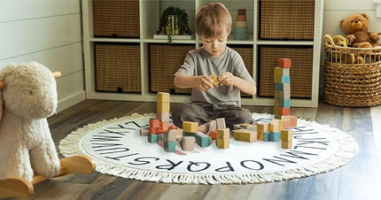 Round ABC Rug for Kids Playroom - 4ft Lovely Boho Rainbow Rug, Ultra Soft & Non Slip - Alphabet Circle Area Carpet for Nursery Toddler Baby Room - Colorful Cute Decor Mat for Girl & Boy, 47 inch - LeafyLoom