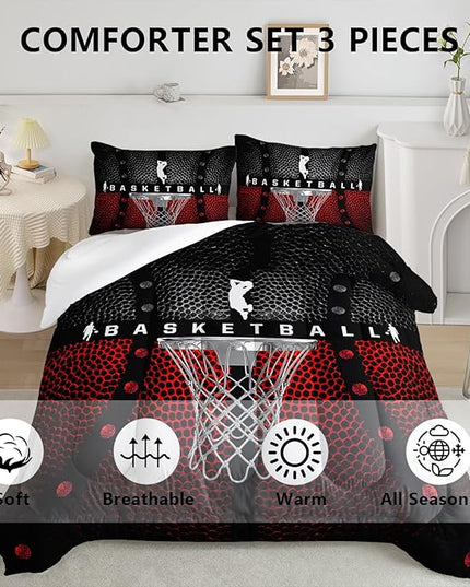 Axolotl Basketball Bedding Set for Boys Kids Teens,Soft Microfiber Black and Red Sports Theme Basketball Bedding Sets Full Size with 1 Comforter and 2 Pillowcases All Season - LeafyLoom