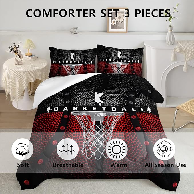 Axolotl Basketball Bedding Set for Boys Kids Teens,Soft Microfiber Black and Red Sports Theme Basketball Bedding Sets Queen Size with 1 Comforter and 2 Pillowcases All Season - LeafyLoom