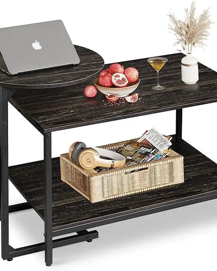 WLIVE Coffee Table and End Table Set, 31.3" Center Table and 18.7" Small Round Coffee Table with Side Pouch, Wood Nesting Coffee Table for Living Room, Bedroom, Charcoal Black - LeafyLoom