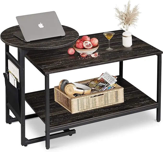 WLIVE Coffee Table and End Table Set, 31.3" Center Table and 18.7" Small Round Coffee Table with Side Pouch, Wood Nesting Coffee Table for Living Room, Bedroom, Charcoal Black - LeafyLoom