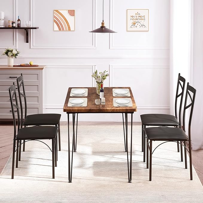 VECELO Kitchen Dining Room Table 4 Chairs for Small Space, Apartment,Metal Steel Frame, 5-Piece Set, Brown - LeafyLoom