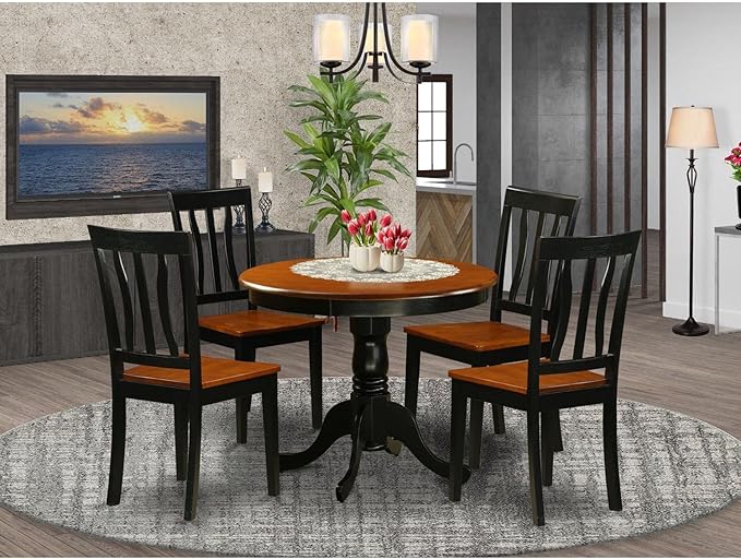 East West Furniture Antique 5 Piece Kitchen Set for 4 Includes a Round Room Table with Pedestal and 4 Dining Chairs, 36x36 Inch, ANTI5-BLK-W - LeafyLoom
