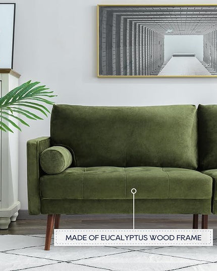 Vonanda Velvet Sofa Couch, Mid Century Modern Craftsmanship 73 inch 3-Seater Sofa with Comfy Tufted Back Cushions and 2 Bolster Pillows for Compact Living Room, Elegant Mustard Green - LeafyLoom