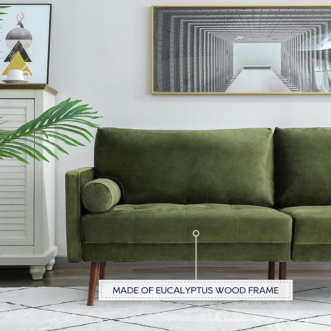 Vonanda Velvet Sofa Couch, Mid Century Modern Craftsmanship 73 inch 3-Seater Sofa with Comfy Tufted Back Cushions and 2 Bolster Pillows for Compact Living Room, Elegant Mustard Green - LeafyLoom