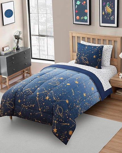 Kids Bedding Set Bed in a Bag for Boys and Girls Toddlers Printed Sheet Set and Comforter, Twin, Galaxy - LeafyLoom