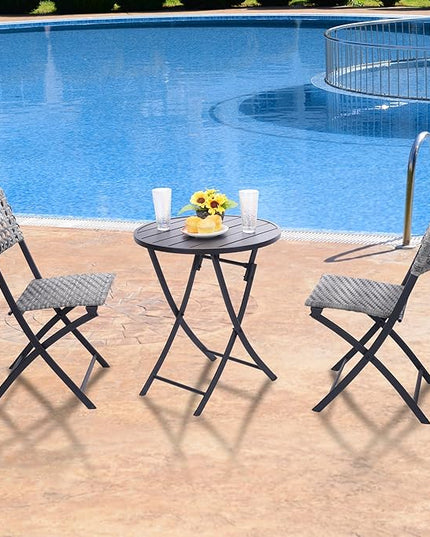 BACKYARD EXPRESSIONS PATIO · HOME · GARDEN 3 Pc 3 Piece Folding Outdoor Bistro, Wicker Furniture Table and Chairs for Garden, Backyard, Porch, Patio Conversation Set, Grey/Black - LeafyLoom