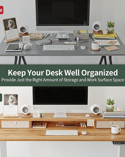 FEZIBO 60 x 24 Inch Height Adjustable Electric Standing Desk with Double Drawer, Stand Up Desk with Storage Shelf, Sit Stand Desk, Light Rustic - LeafyLoom