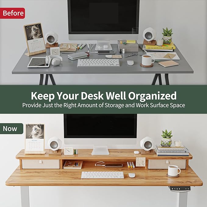 FEZIBO 60 x 24 Inch Height Adjustable Electric Standing Desk with Double Drawer, Stand Up Desk with Storage Shelf, Sit Stand Desk, Light Rustic - LeafyLoom
