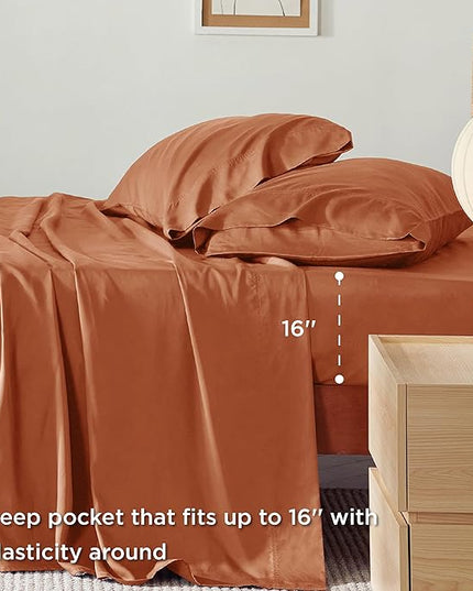 Bedsure Queen Sheets, Rayon Derived from Bamboo, Queen Cooling Sheet Set, Deep Pocket Up to 16", Breathable & Soft Bed Sheets, Hotel Luxury Silky Bedding Sheets & Pillowcases, Burnt Orange - LeafyLoom