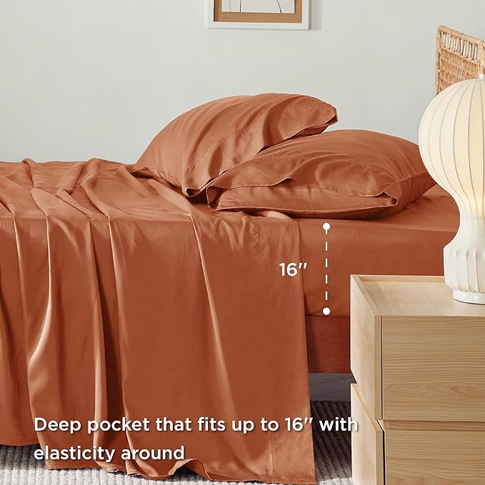 Bedsure Queen Sheets, Rayon Derived from Bamboo, Queen Cooling Sheet Set, Deep Pocket Up to 16", Breathable & Soft Bed Sheets, Hotel Luxury Silky Bedding Sheets & Pillowcases, Burnt Orange - LeafyLoom