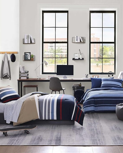 Nautica - Twin Comforter Set, Cotton Reversible Bedding with Matching Sham, Stylish Home Decor, Dorm Room Essentials (Bradford Navy/Khaki, Twin) - LeafyLoom