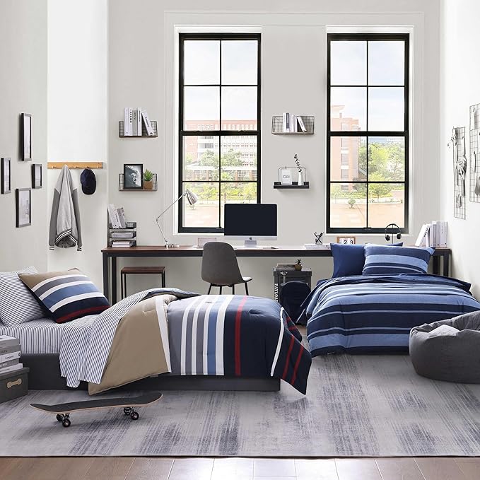 Nautica - Twin Comforter Set, Cotton Reversible Bedding with Matching Sham, Stylish Home Decor, Dorm Room Essentials (Bradford Navy/Khaki, Twin) - LeafyLoom
