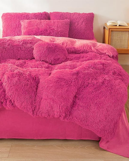 FOPPA Hot pink fluffy Comforter Cover Set king- Ultra Soft fluffy hot pink Bedding Sets 3 Pieces (1 Duvet Cover + 2 Pillow case) hot pink fluffy bed set (Hot pink, King) - LeafyLoom
