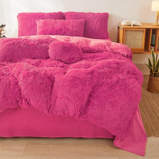 FOPPA Hot pink fluffy Comforter Cover Set king- Ultra Soft fluffy hot pink Bedding Sets 3 Pieces (1 Duvet Cover + 2 Pillow case) hot pink fluffy bed set (Hot pink, King) - LeafyLoom