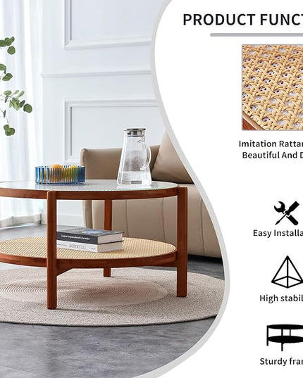 NicBex Dining Table Round Kitchen Table Contemporary Modern Minimalist Circular Double-Layer Solid Wood Coffee Table, Craft Glass Tabletop, Rattan, Solid Wood Frame, Walnut - LeafyLoom
