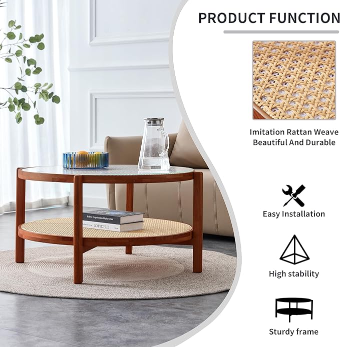 NicBex Dining Table Round Kitchen Table Contemporary Modern Minimalist Circular Double-Layer Solid Wood Coffee Table, Craft Glass Tabletop, Rattan, Solid Wood Frame, Walnut - LeafyLoom